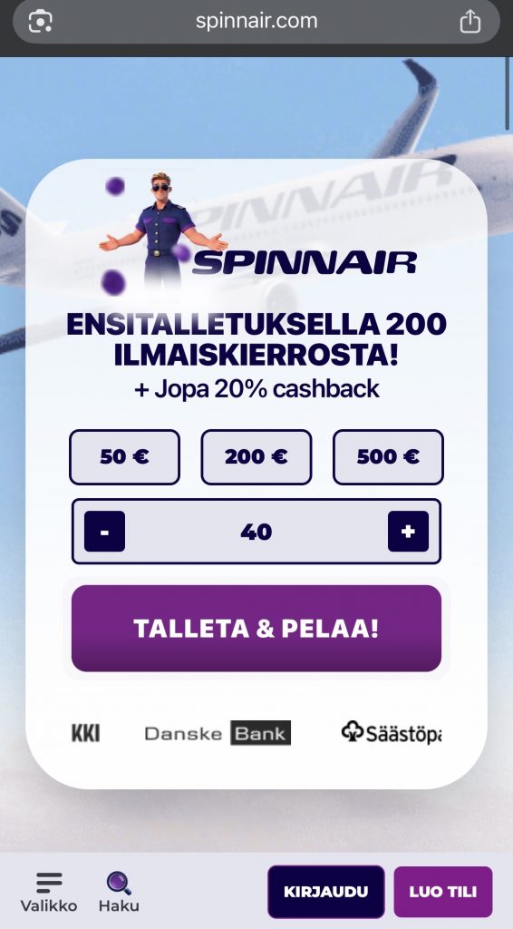 Spinnair-niminen Curacao Pay N Play kasino ja sen etusivu
