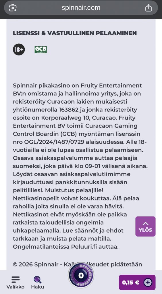 Spinnair-nimisen Curacao kasinon CGA-lisenssi