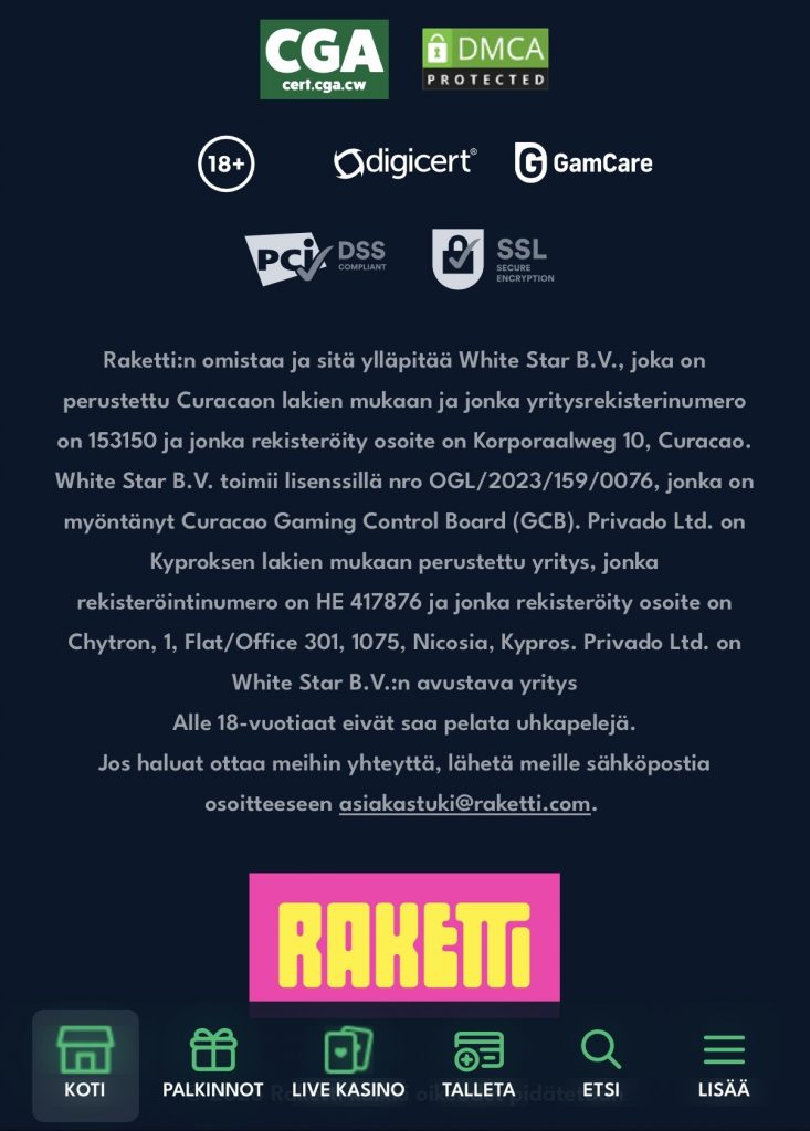 Raketti-sivuston Curacaon pelilisenssi