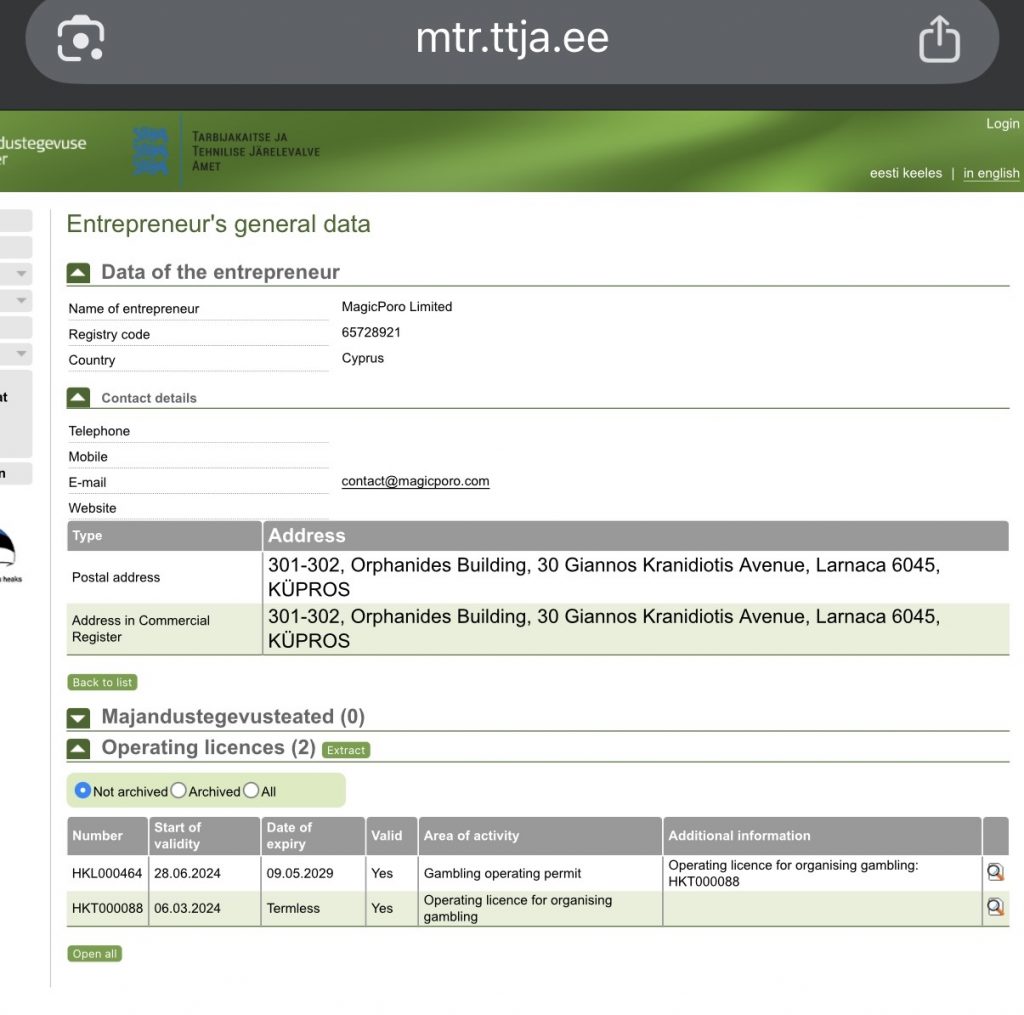 MagicPoro Limitedin EMTA-lisenssi ja sen tarkat tiedot