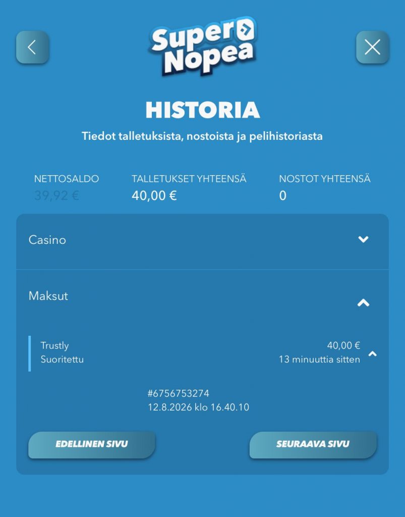 Todiste siitä, että MGA Pay N Play -kasinolle tehtiin 40 euron talletus Trustlyn kautta.