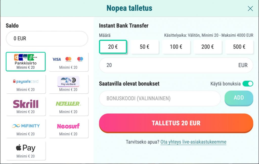 Spinia-niminen MGA casino ja sen maksutavat listattuna.
