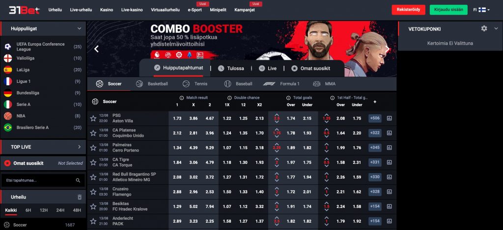 31Bet-nimisen Maltan lisenssi kasino -sivuston vedonlyöntiosio.