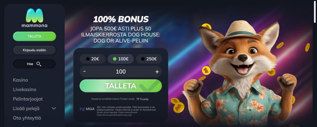 Mammona MGA casino -sivun tervetulobonus, joka on 100 % bonus 500 € asti + 50 ik.