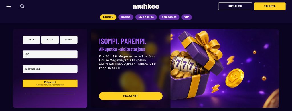 Muhkee-niminen MGA pikakasino ja sen etusivu.