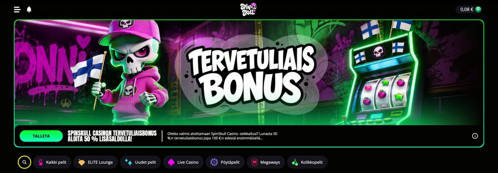 SpinSkull -niminen MGA Pay N Play kasino ja sen etusivu.