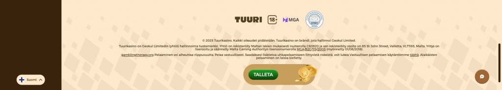 Tuuri Kasinon Maltan lisenssin tiedot avattuna.