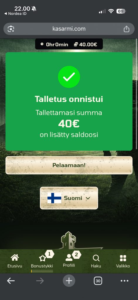40 euron talletus Kasarmi-nimiselle virolaiselle Pay N Play kasinolle