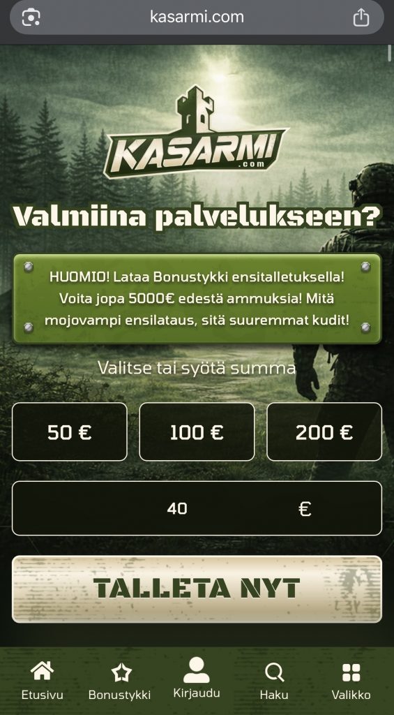 Kasarmi-niminen virolainen pikakasino ja sen etusivu